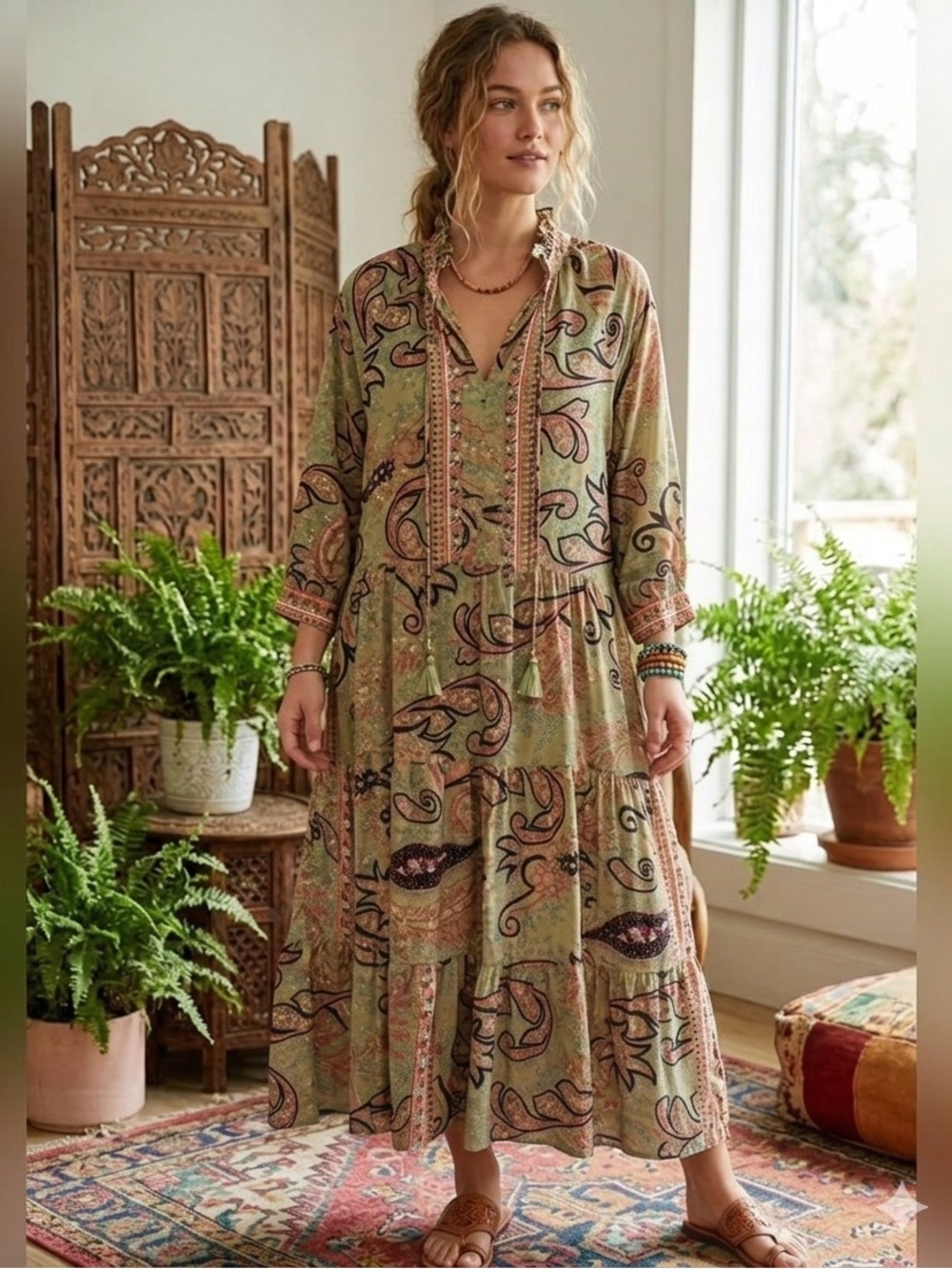 Camille & Co. Women’s Small (but loose!) Olive green paisley ruffle collar maxi
